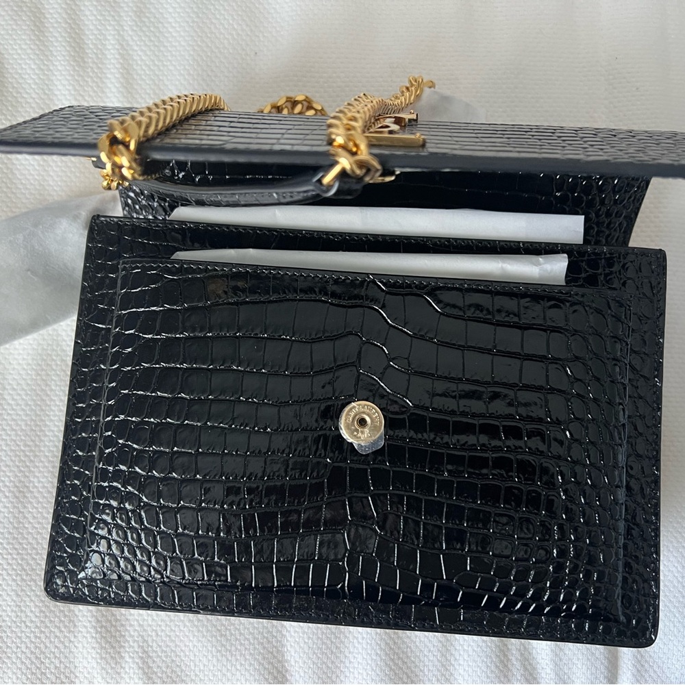NWT authentic medium YSL Black Croc-Embossed sunset bag with Gold Chain